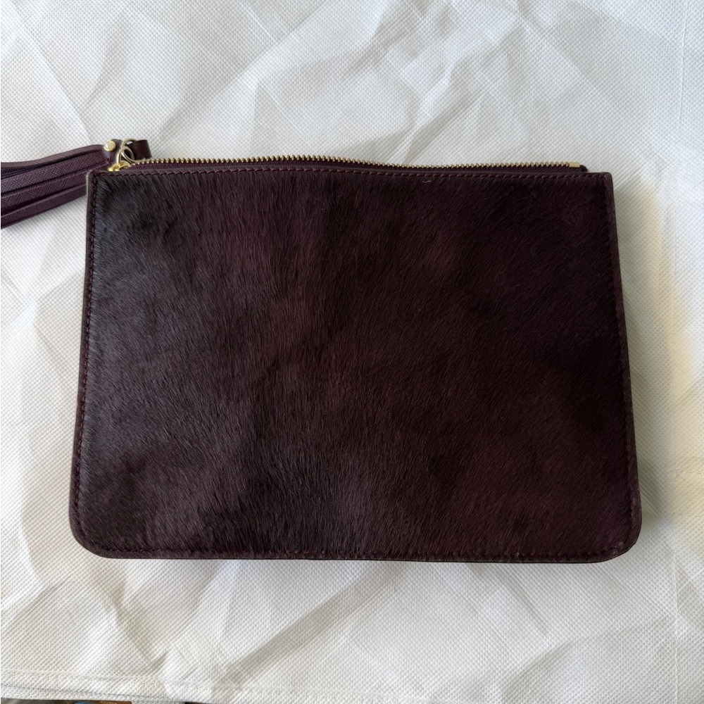 Kate Spade NEW calf fur burgundy handheld clutch plum with Gold Accents - Picture 2 of 7